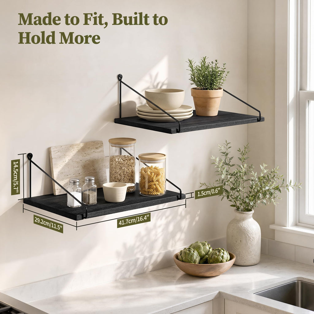 12 inch Deep Floating Shelves for Wall, Black Wide Shelf, Solid Wood