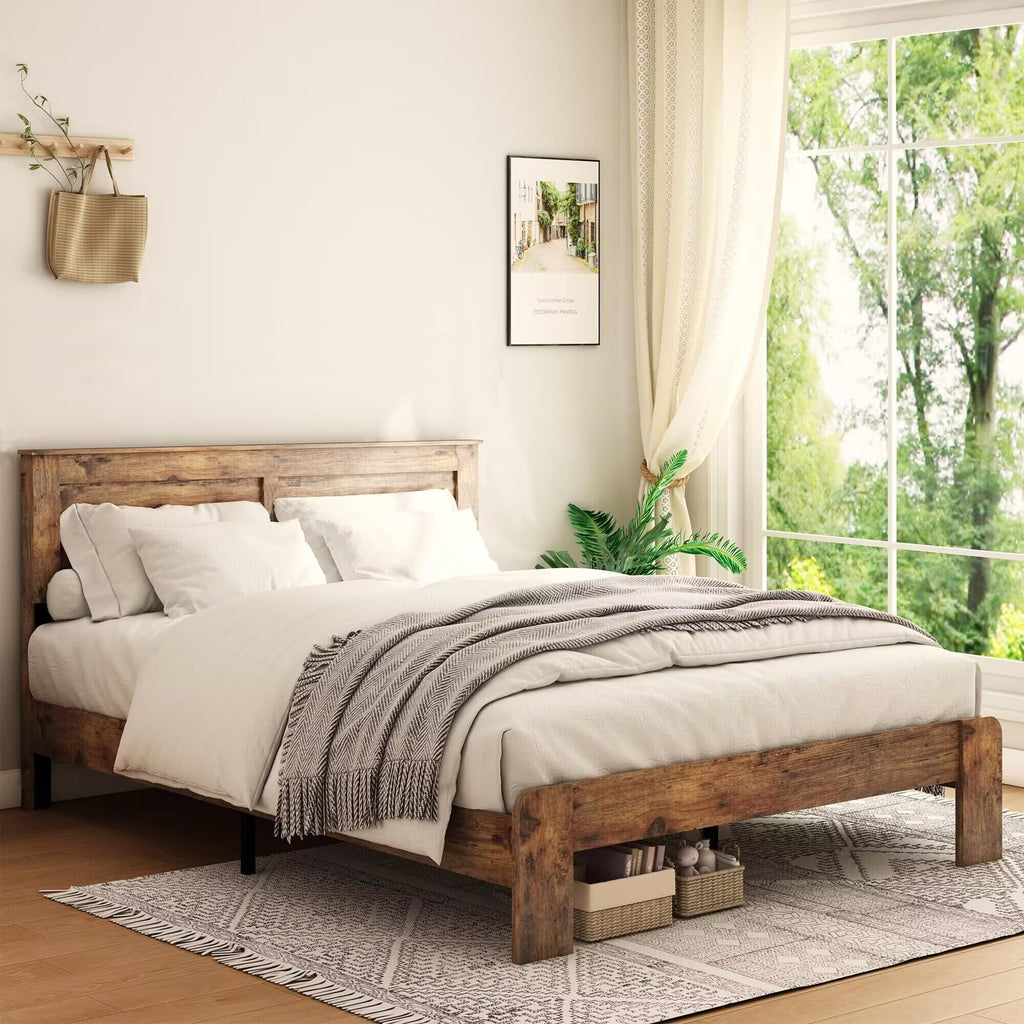 Wood King Size Bed Frame with Headboard and Footboard, Dark Brown