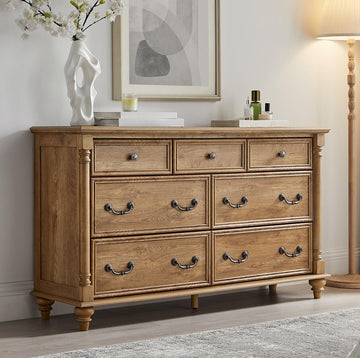 Farmhouse 7-Drawer Dresser with Solid Wood Feet, Light Tree Knot | 4 Solid Wood Feet, Decorative Solid Wood Column