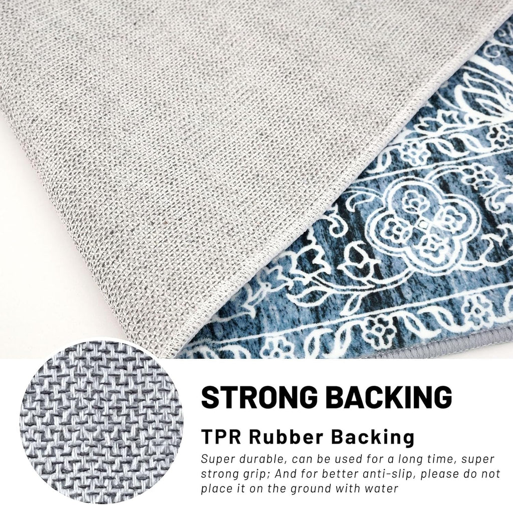 3x5 Entryway Rug Non-Slip Washable Area Rugs, Vintage Floral Kitchen Rugs Blue White, Ultra Soft Pri