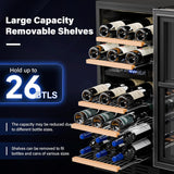 26 Bottle Wine Fridge, Dual Zone Wine & Beverage Refrigerator w/Independent Temp