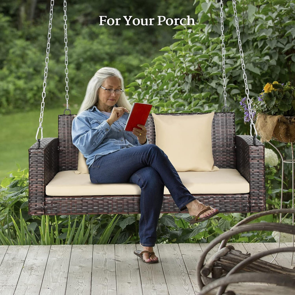 4FT Wicker Swing, Rattan Porch Swing, Outdoor Hanging Seat, Brown | Heavy Duty 800 LBS Outdoor Swing with