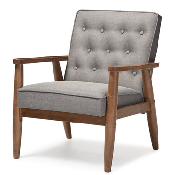 Sorrento Mid-Century Retro Modern Fabric Upholstered Wooden Lounge Chair, Grey