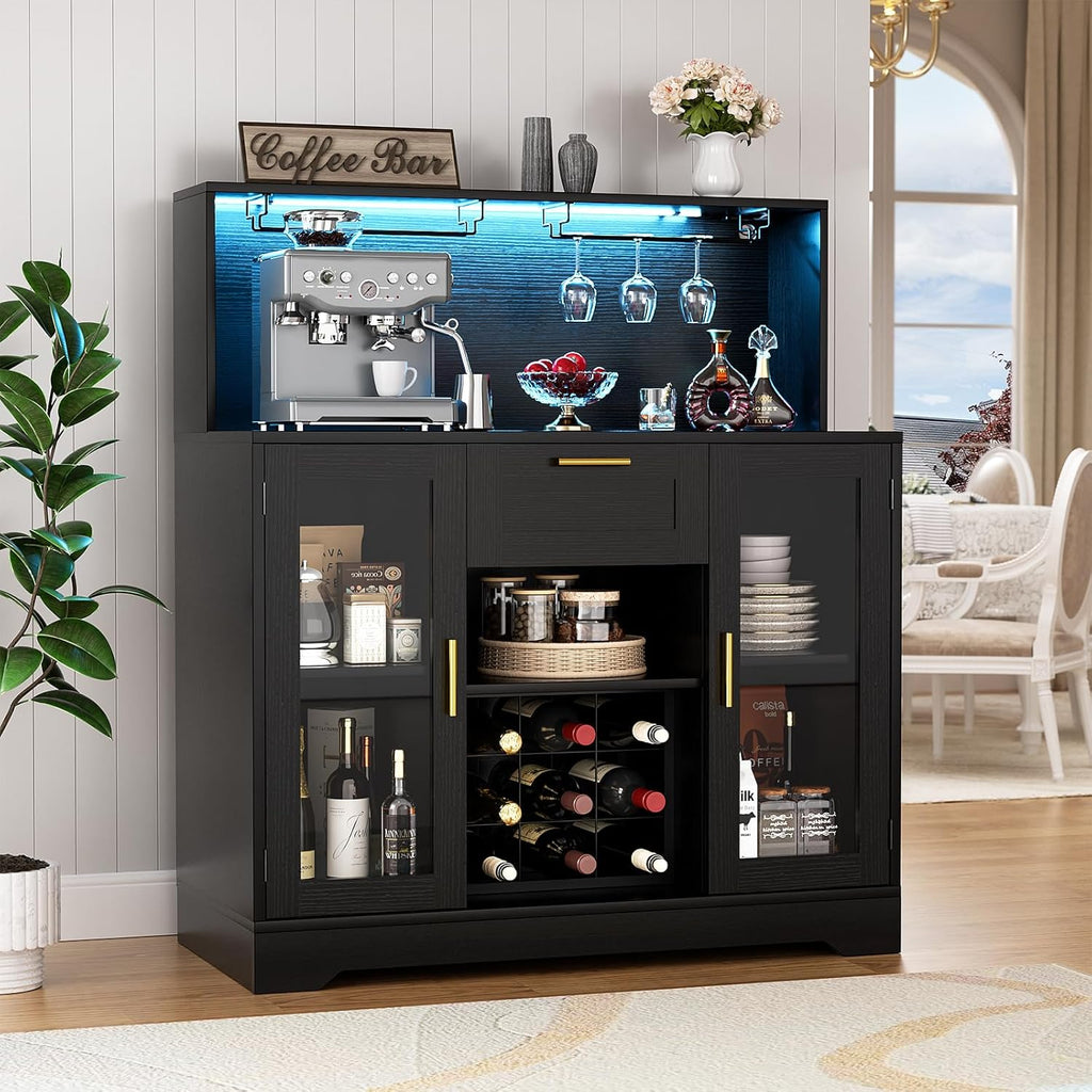 Coffee Bar Cabinet with LED Light and Storage Hutch, Black