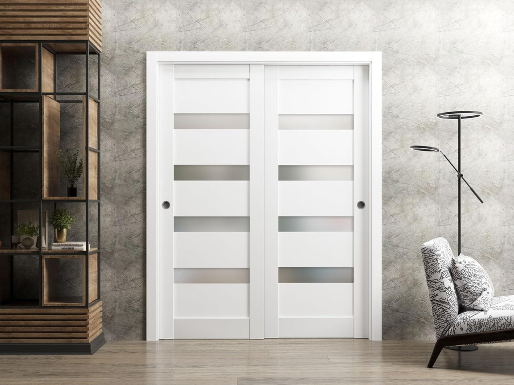 Sliding Closet Door SARTODOORS Quadro 4113 Bypass Interior Doors with Frosted Glass, MDF, 60x80, Whi