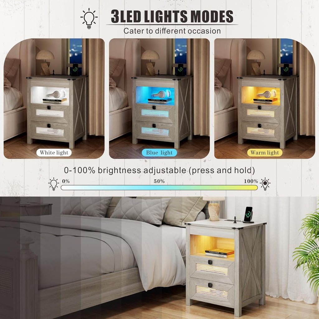 LED Bedside Table Set of 2 with Charging Station | Night Stand with Gun Drawers, LED Human Sensor Light, Farmhouse