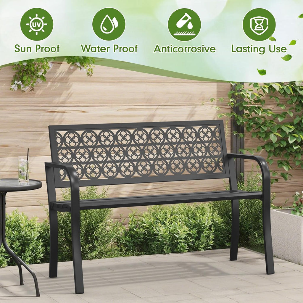 44" Outdoor Garden Bench, Iron Metal Frame Patio Bench with Backrest and Armrests, Weatherproof Anti-Rust Outdoor