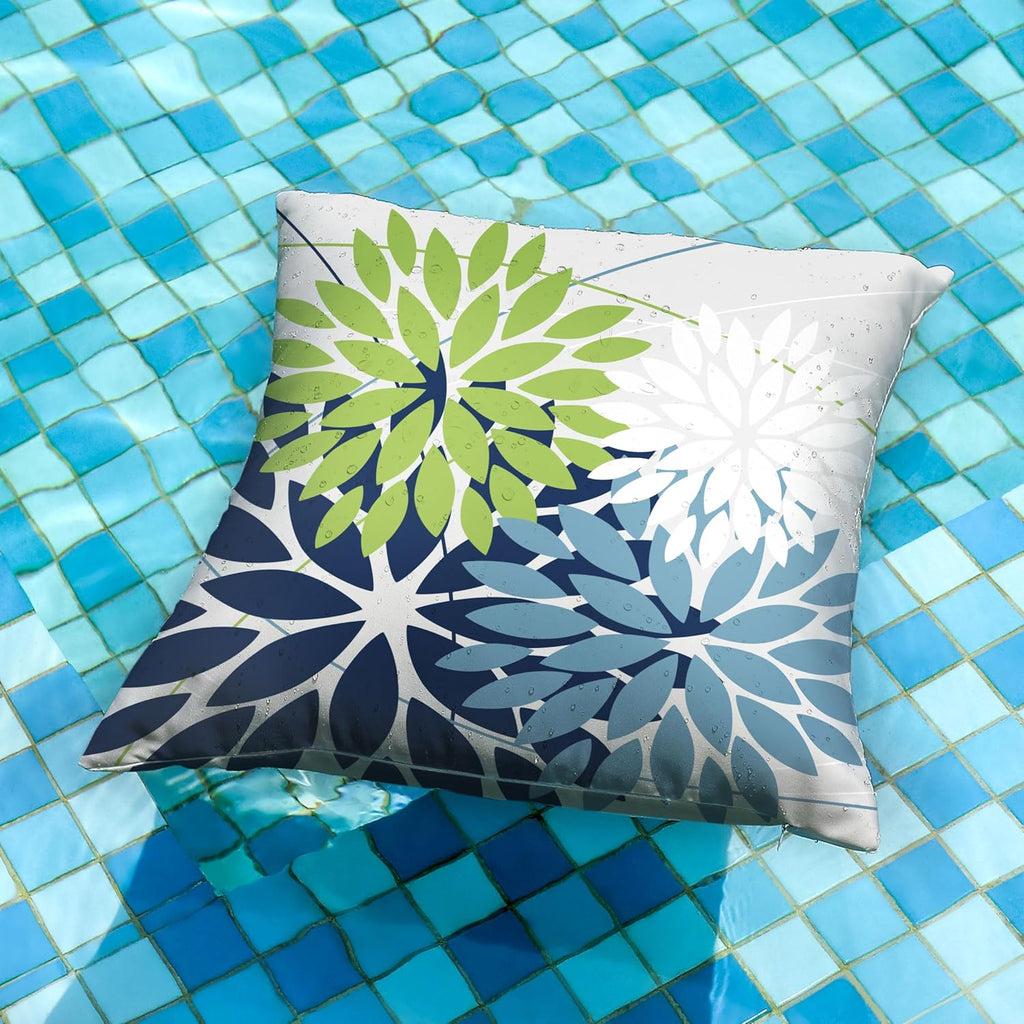 Outdoor Throw Pillow Covers 18x18 Inch Set of 2 Waterproof Spring Summer Geometric Elegant Blue Green Outdoor Pillow