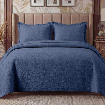 Queen Quilt Bedding Sets,Dark Blue Ultrasonic Lightweight King Coverlet,Coin Pattern Soft Bedspreads for All Season