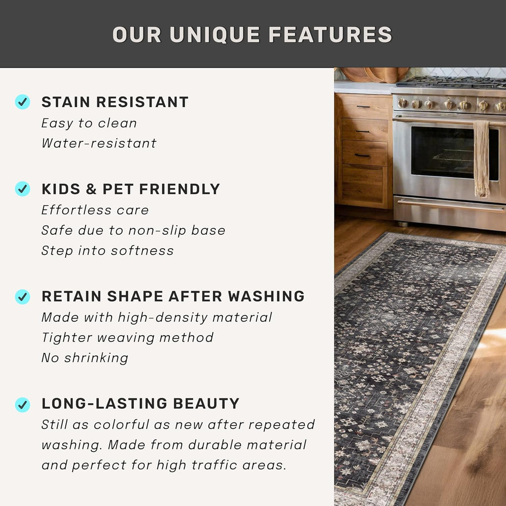 Dark Washable Long Runners s, 2'6"x8' Wide Kitchen Runner Rug, Entryway Indoor Rug, Non Slip Rubber Backing Boho