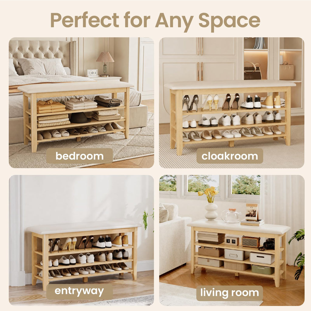 Solid Wood Shoe Rack Bench Entryway with Leather Cushion 39.3"