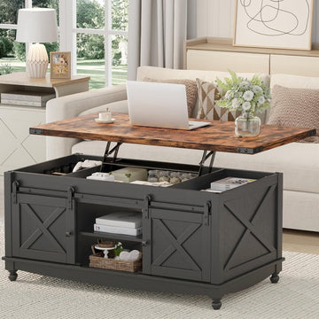 48" Farmhouse Lift Top Coffee Table with Storage Sliding Barn Door & Large Hidden Compartment, Coffee Table with