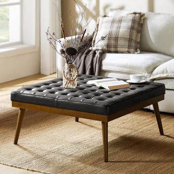 36 Genuine Leather Square Tufted Ottoman Coffee Table Camel Button Tuf