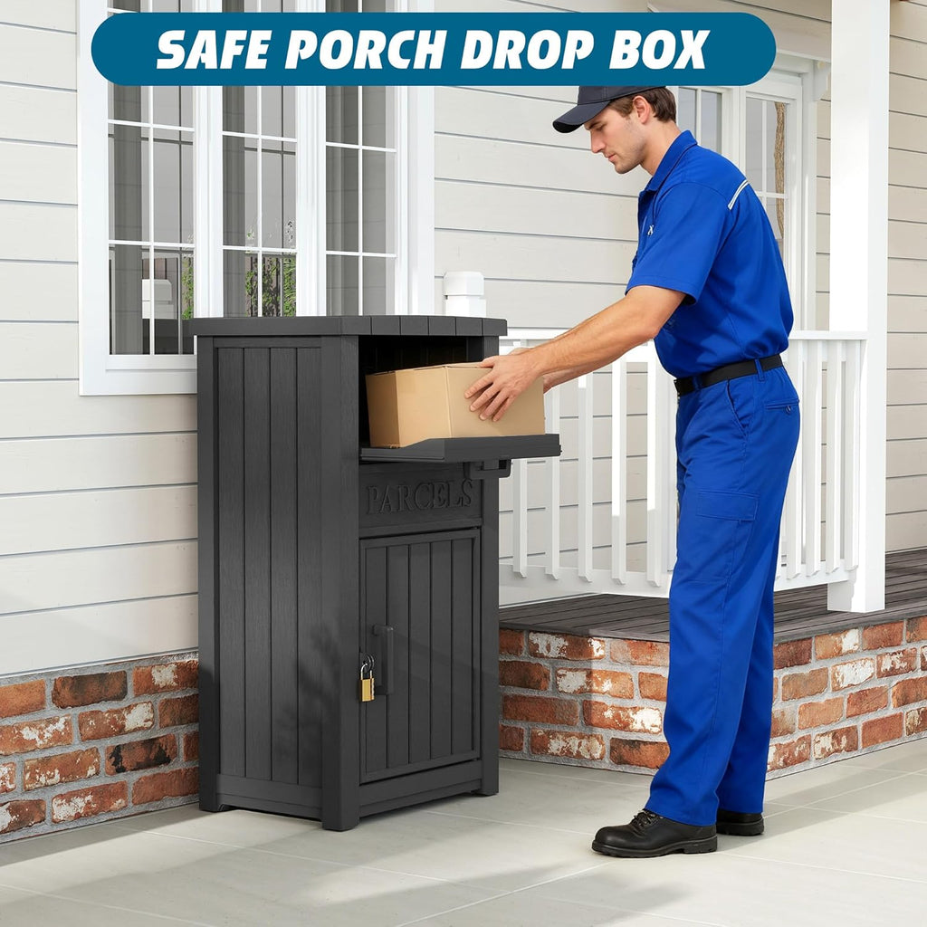 Package Delivery Box Secure, Waterproof Packages Drop Box Theft Parcel Drop Storage for Curbside, House, Black with Sign