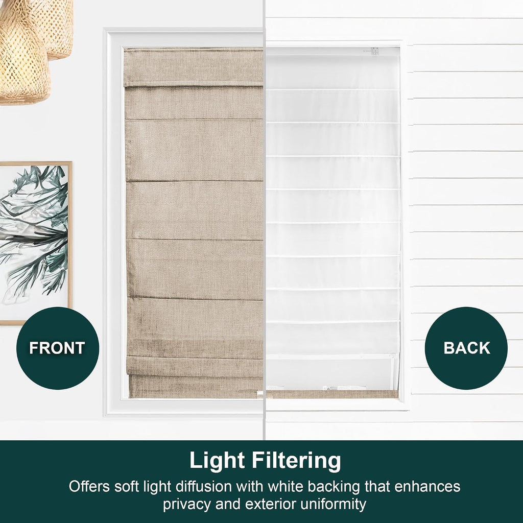 Cordless Roman Window Shade, Belgian Flax| Cordless Child-Safe, Room Darkening UV, Inside/Outside Mount