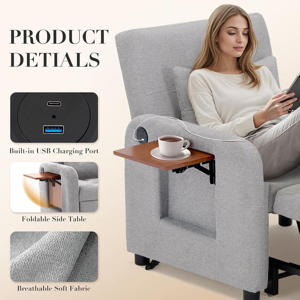 Convertible Sleeper Chair-Fabric Futon Sofa Bed, Single Sleeper Sofa, Small Couch Bed with USB Port, Foldable Table