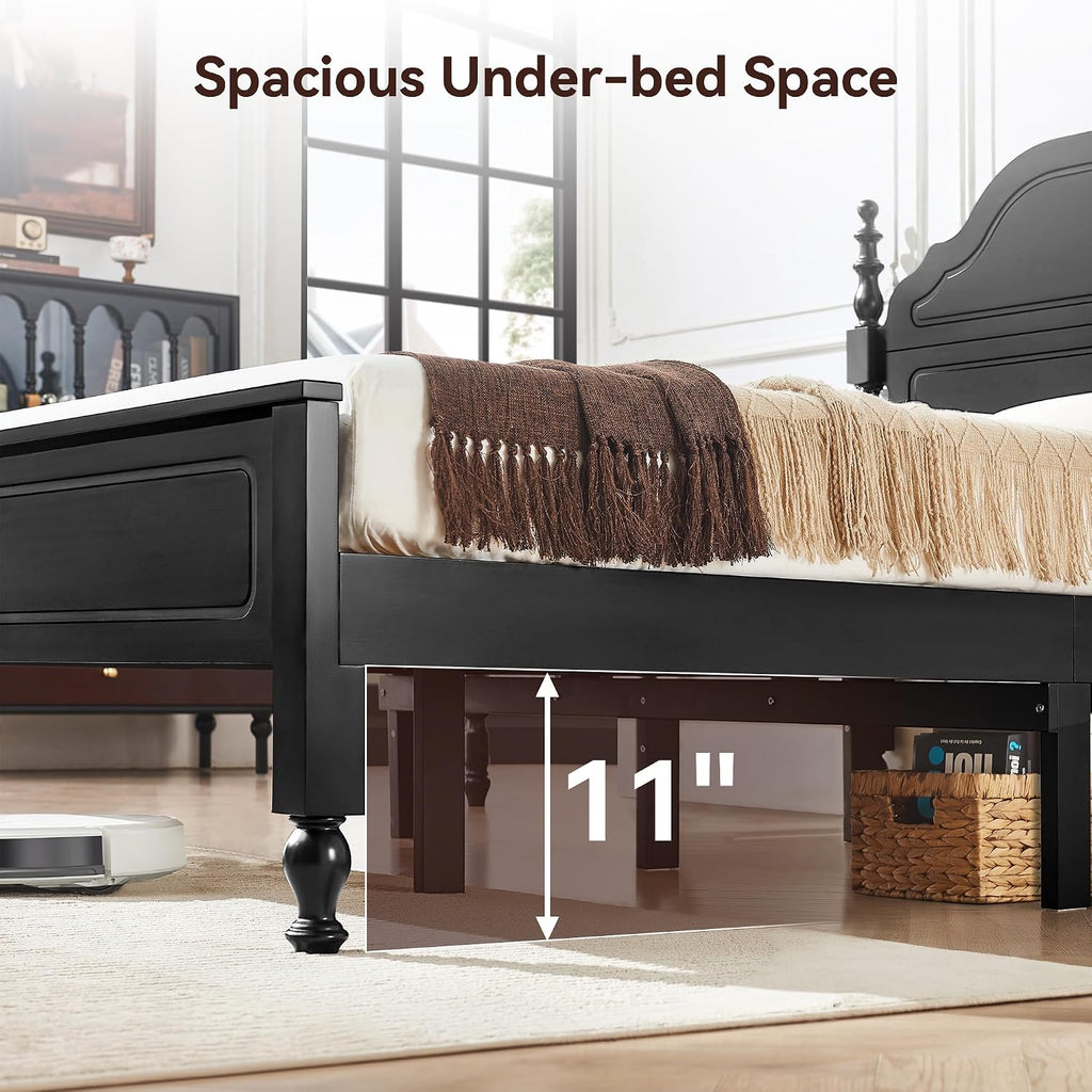 Wood Bed Frame Queen, Wooden Retro Style Queen Bed Frame with Headboard and Footboard, Heavy Duty Bed Frame with 12