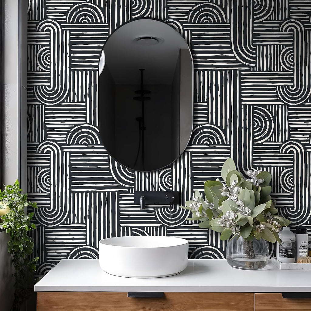 17.5x276 Mid Century Modern Wallpaper Geometric Black and White Peel and Stick Wall Paper with Designs Abstract
