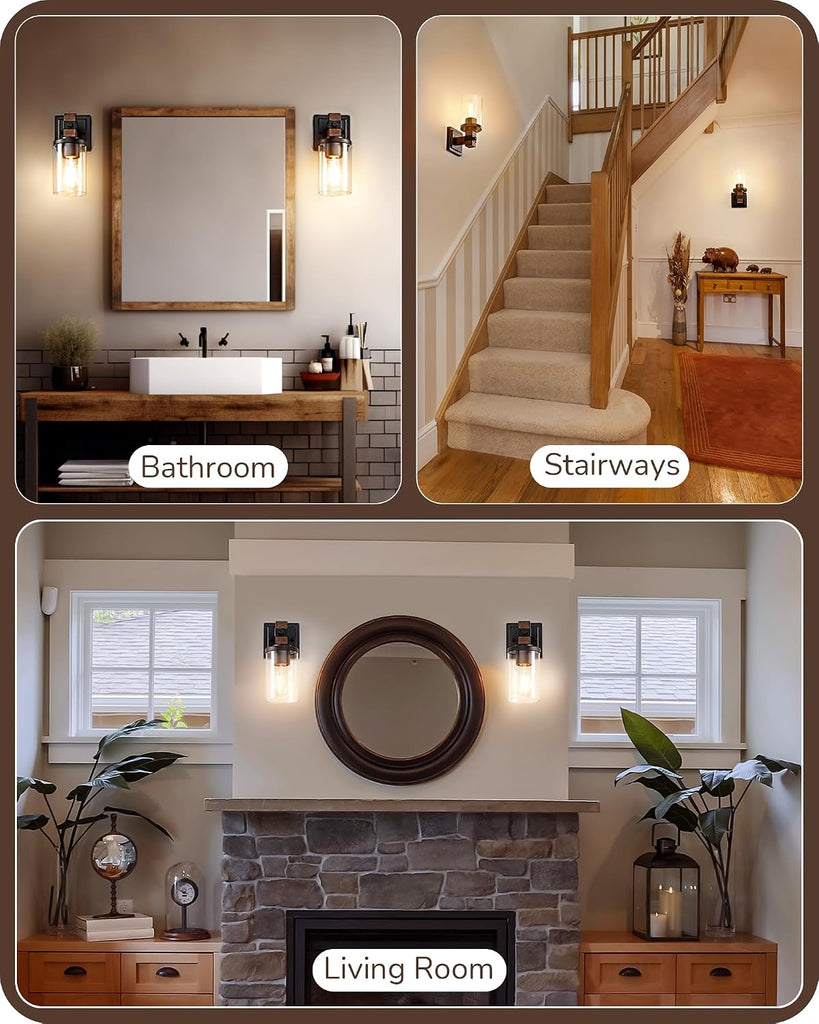 Wall Sconces Set of 2, Farmhouse Vanity Lights Fixtures for Bathroom, 1-Light Faux Wood Rustic Bath Wall Mount Lamp