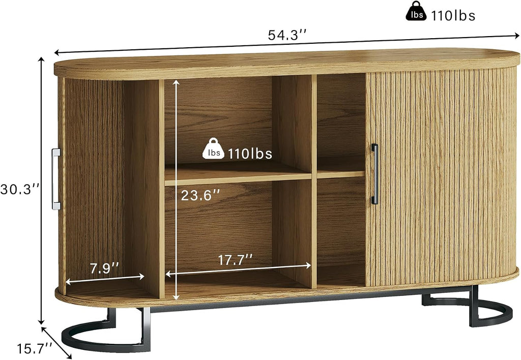 54.3" Buffet Cabinet with Storage, Fluted Sideboard with Tambour Doors, Modern Kitchen Storage Cabinet with