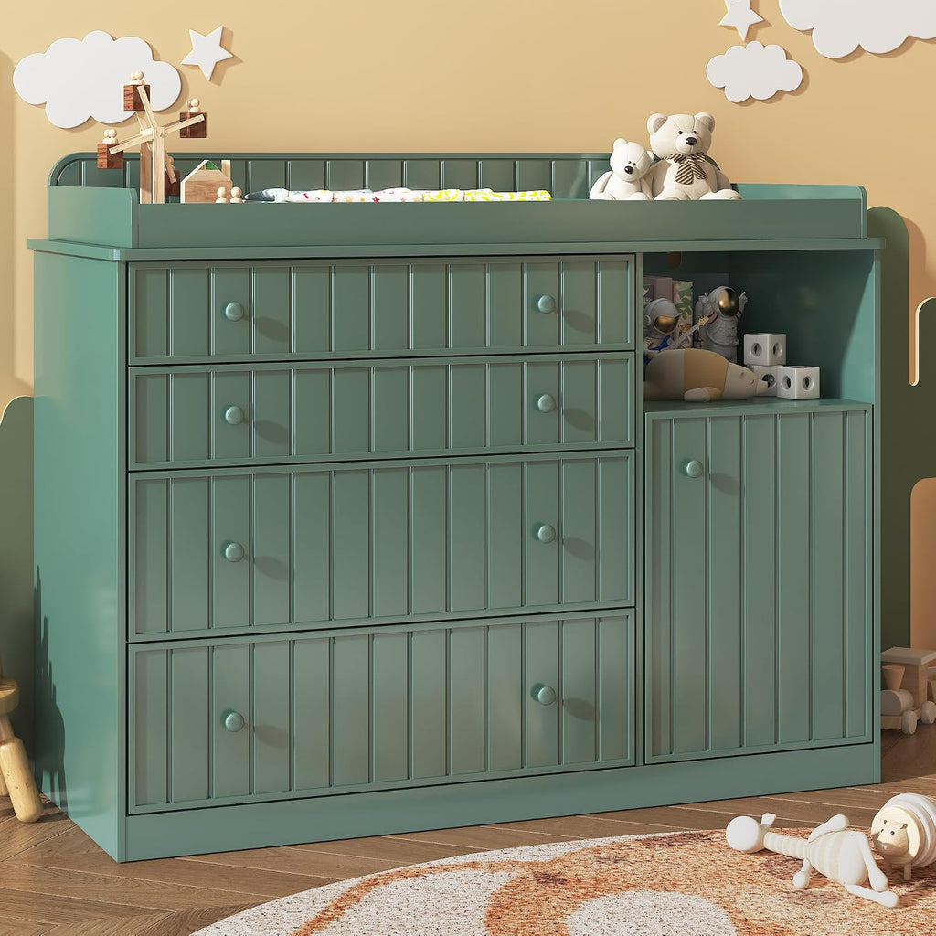 Green Changing Table Dresser | 37 In High Ergonomic, 4 Drawers, Cabinet, Open Space, Routed stripes, Curved Wrapping