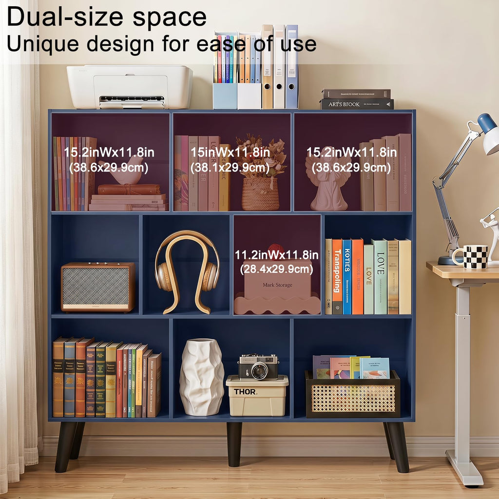 10 Cube Bookshelf, 3 Tier Bookcase with Legs, Dark Blue Mid-Century Modern Bookshelves, Large Free Standing Open Storage
