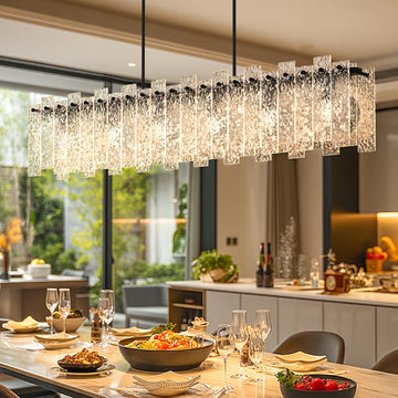 Modern Black Rectangle Chandelier, Black 47.6" Dining Room Chandelier with Water Ripple Glass, Linear Crystal