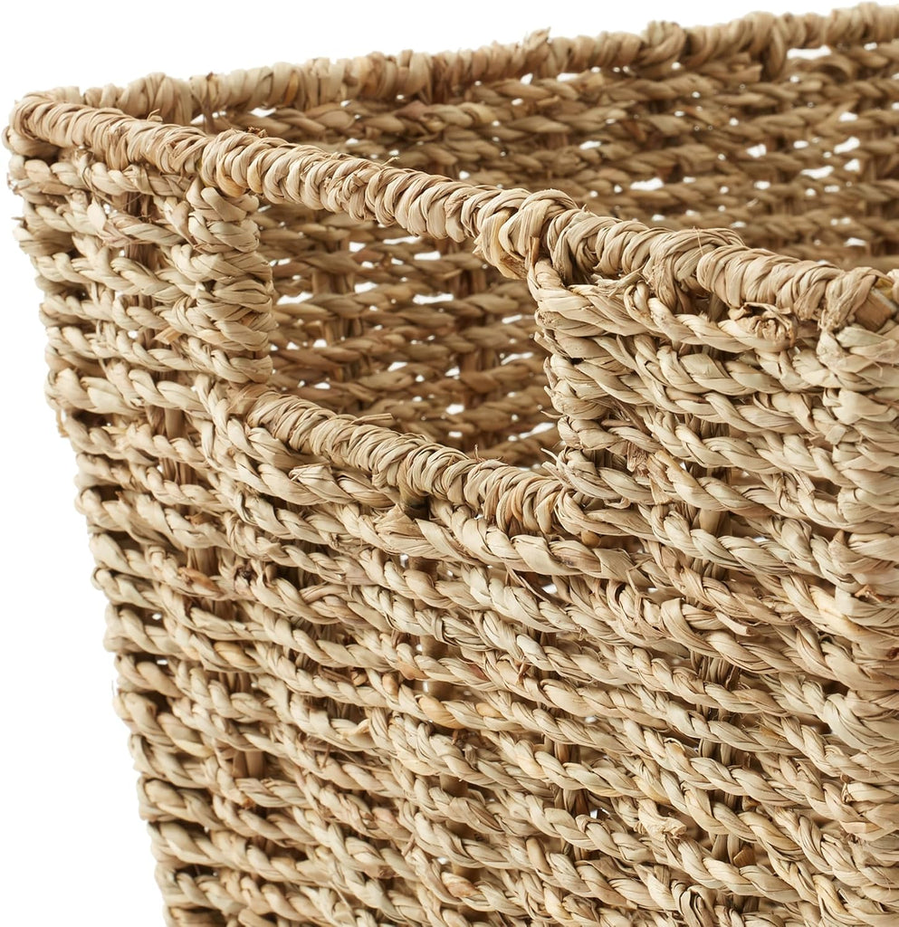 Set of 4 Seagrass Hyacinth Storage Baskets with Handles - Natural, Woven Storage Bins for Shelves, Blankets, Laundry
