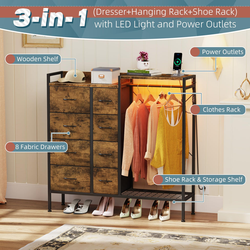 8-Drawer with Hanging Rack, Rustic Brown, 11.8" D
