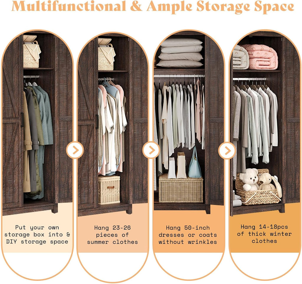 70" Large Farmhouse Wardrobe Closet with Hanging Rod & Barn Doors | Wooden Bedroom Armoires with Shelf, Organized