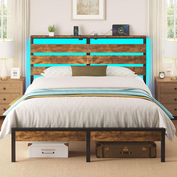 Bed Frame Full with USB Charging Station, LED Bed Frame with Wood Storage Headboard
