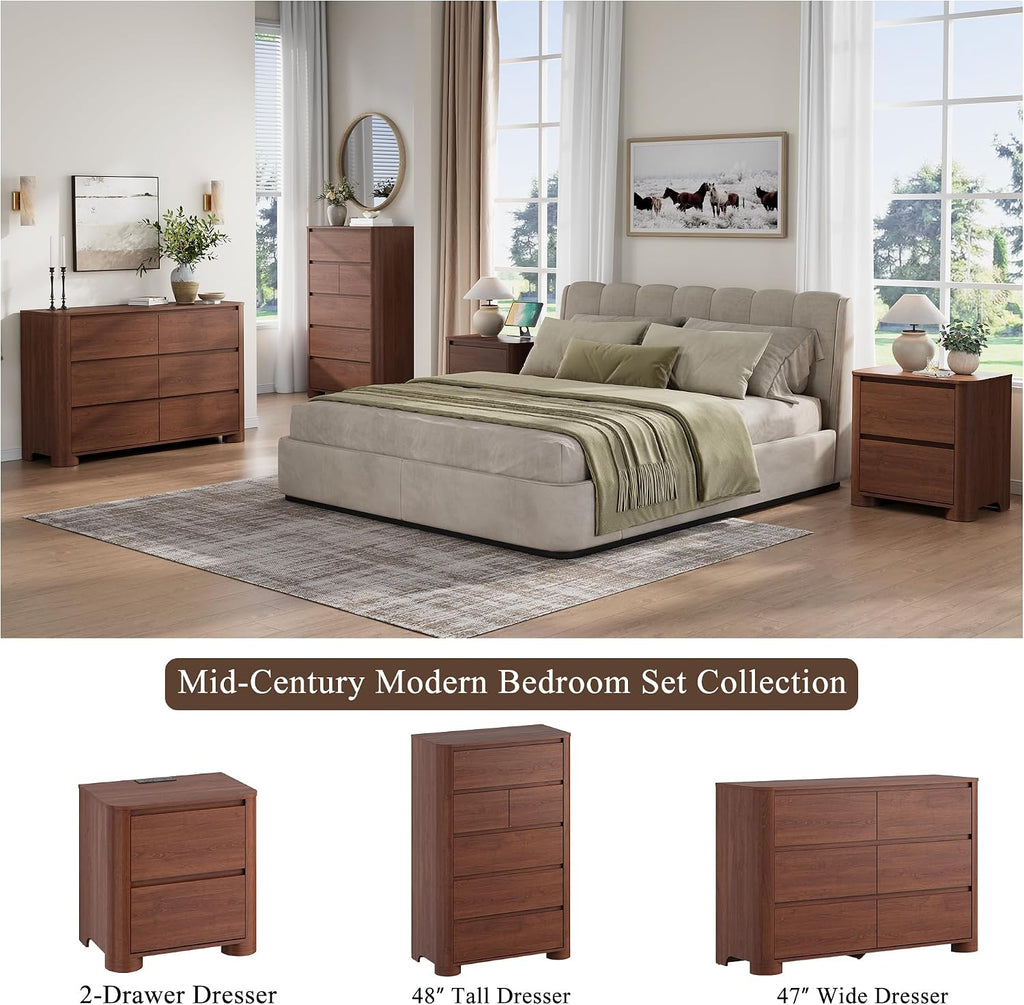 Walnut Nightstand with Charging Station, 23.6" Modern Night Stand with Unique Thickened Foot and 2 Storage Drawers