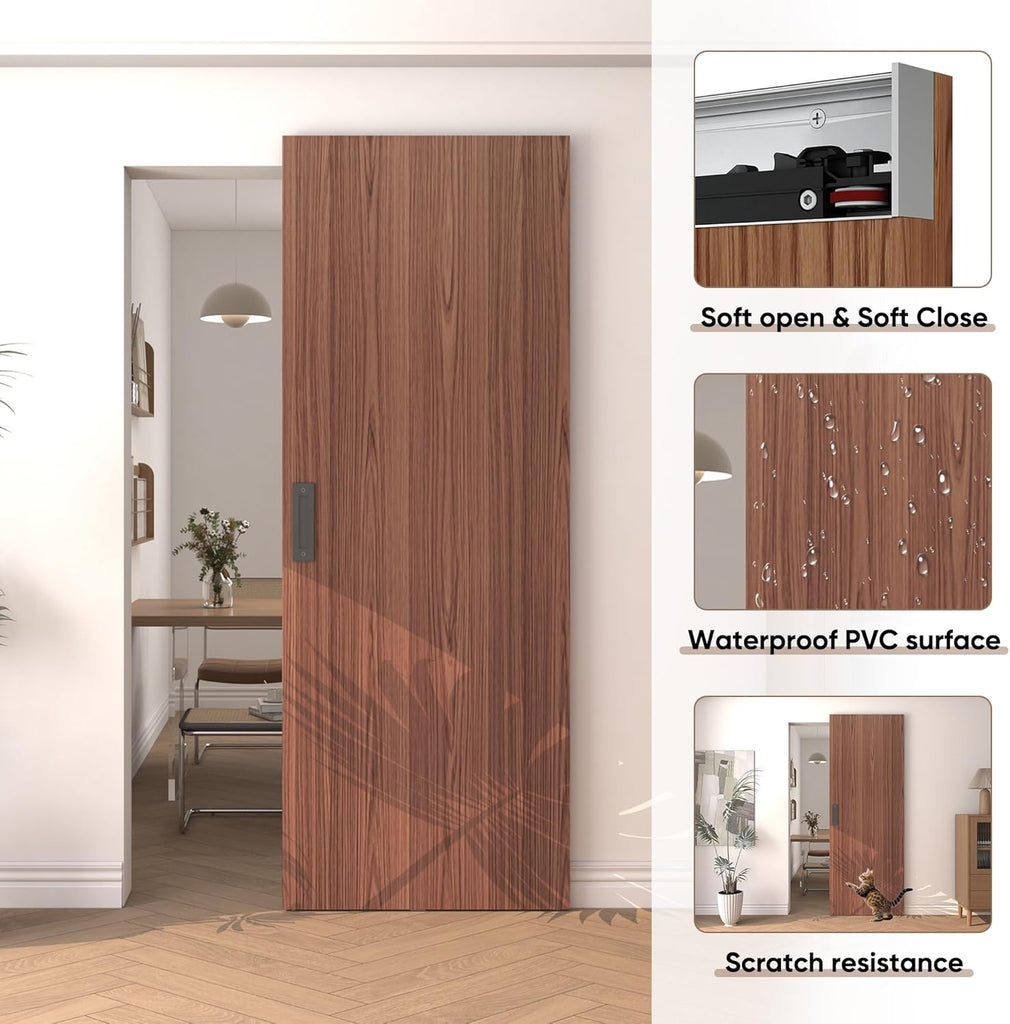 32"x86" Concealed Sliding Barn Door with Soft Close Hardware Kit, Brown Hidden Door for Opening 24"-