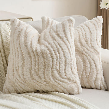 Pack of 2 Faux Fur Throw Pillow Covers 20x20 Inch, Cream