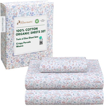 100% Cotton Organic Twin XL Sheets, Percale Weave, Multi Paisley