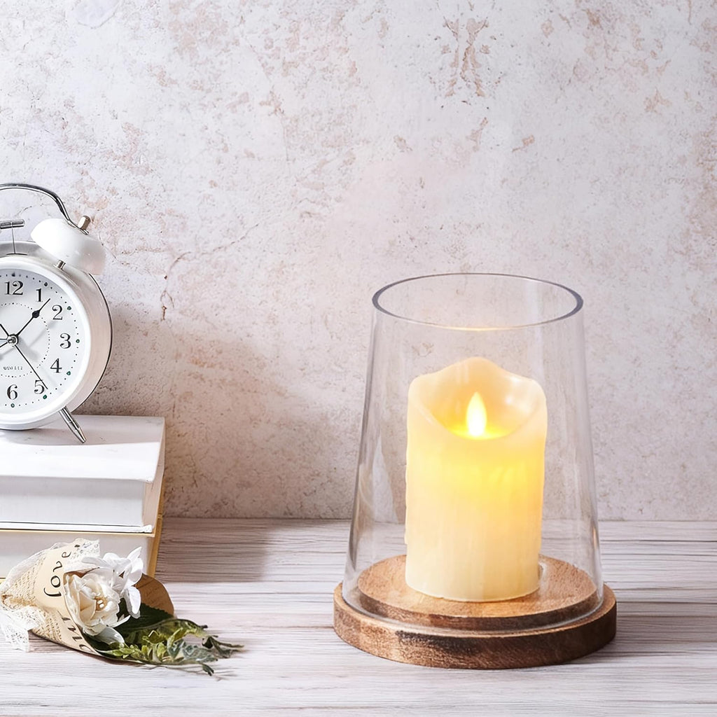 6" Wide Glass Hurricane Candle Holders with Handmade Sturdy Glass Sleeves and Vintage Natural Wood Base for Pillar