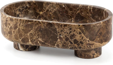 Natural Oval Marble Fruit Bowl, Two-Legged Decorative Bowl Dark Brown | 10" Large Handcrafted Marble Catchall Bowl