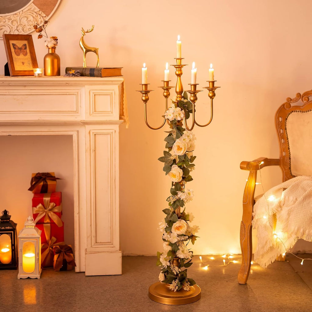 Gold Wedding Candelabra Tall - 50" Antique Floor Candelabra, Metal 5 Arm Candelabra, Spiral Candelabra Candle Holder