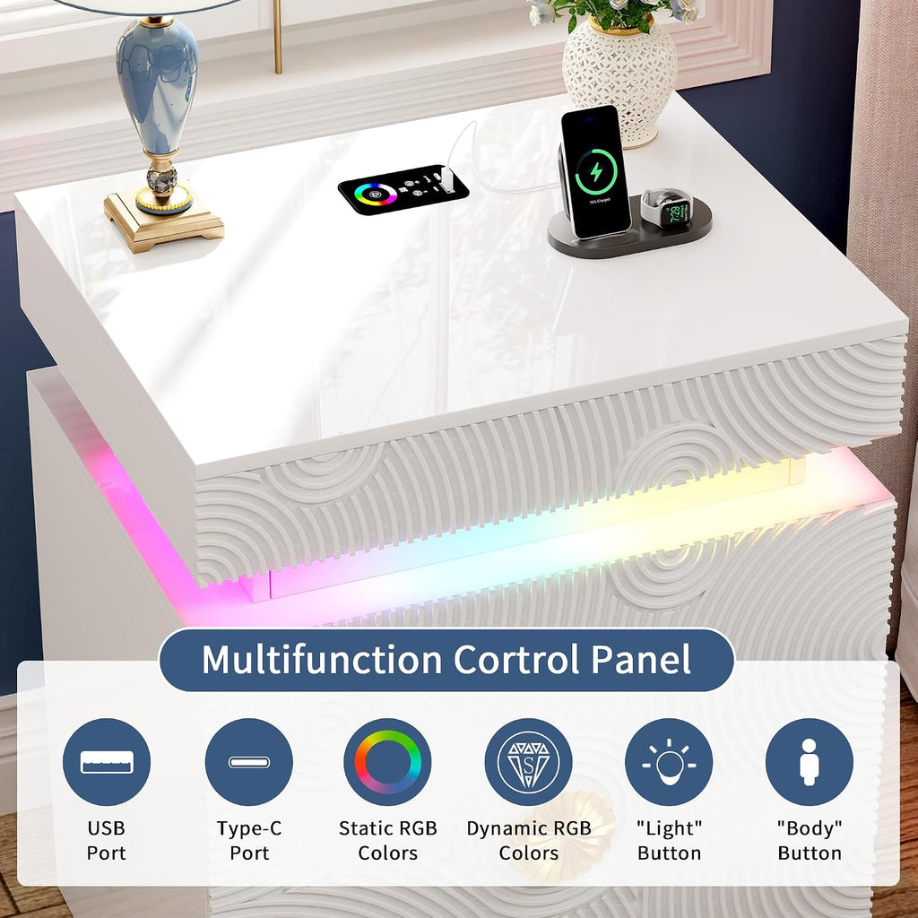 LED Nightstand with RGB Light and Lockable Hidden Drawer ,White | Night Stand with 2 Drawer, Smart Bedside Table with