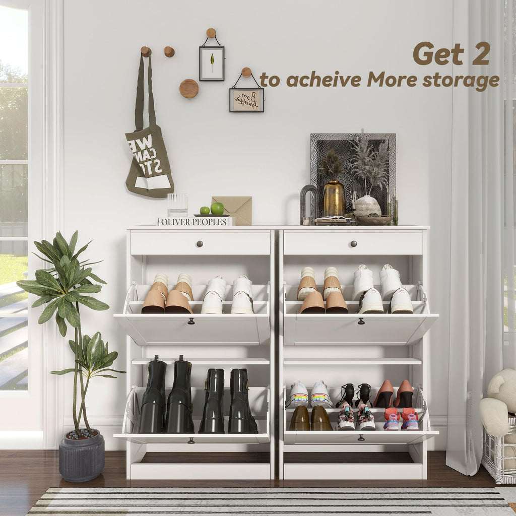 Shoe Cabinet with 2 Flip Drawers, Slim Shoe Storage Cabinet, White
