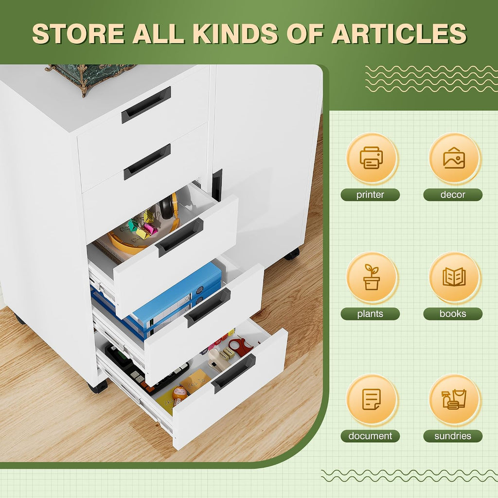 5-Drawer Metal Storage Cabinet with Adjustable Shelves and Wheels, Printer Stand with Storage, Craft Organizers and