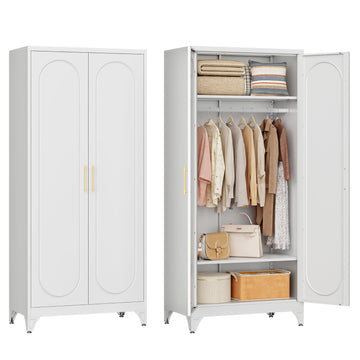 71" Tall Metal Bedroom Armoire, Wardrobe Closet with Doors, White