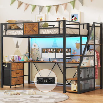Stairway Twin Loft Bed with L Shaped Desk and Wardrobe, Metal Loft Bed Frame with Storage Stairs, 3 Fabric Drawers