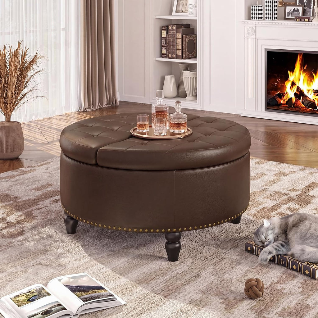 30 Inch Large Round Ottoman with Storage Circular,Chocolate | Leather Coffee Table with Lift Top,Modern Upholstered
