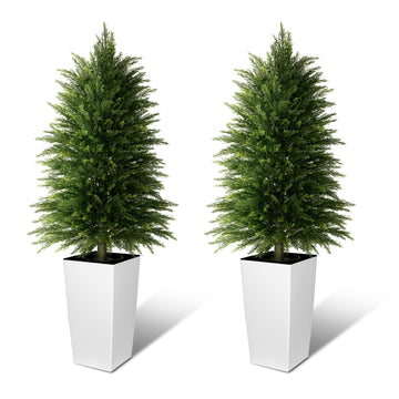 4FT Tall 2 Pack Artificial Cedar Topiary Trees with Full Bushy Columnar Shape, Realistic Faux Cypress in Square White