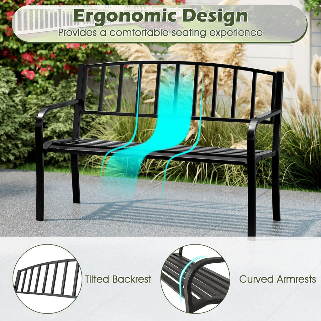 Metal Outdoor Bench, Patio Garden Bench with Backrest, Curved Armrests, Slatted Seat for 2-3 Persons, 660 LBS