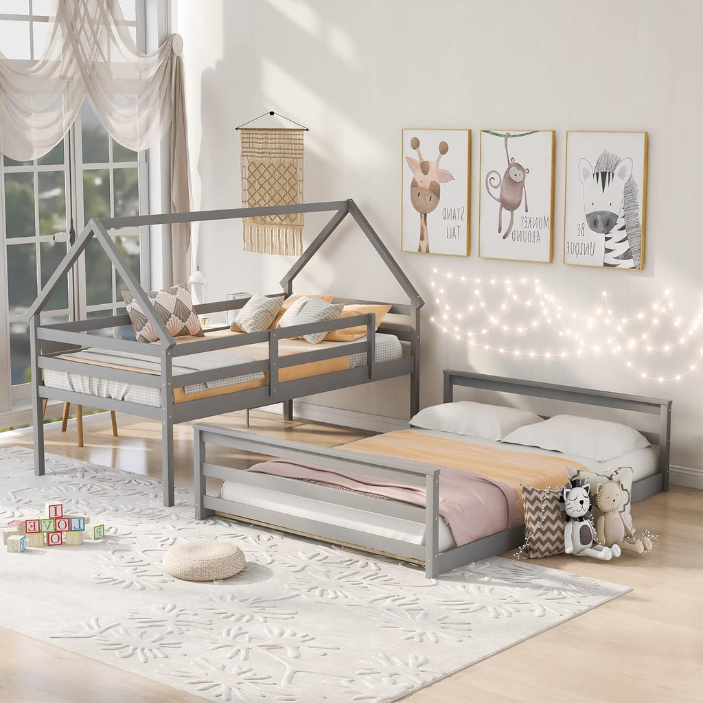 House Floor Bunk Bed with Ladder Twin Over Full,Wood Low Bunk Bed for Kids Juniors