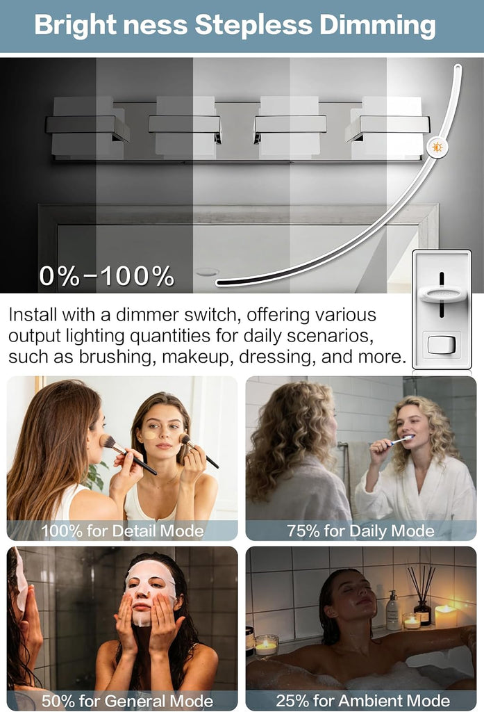 Modern Vanity Light Chrome, 32W Dimmable LED Bathroom Light Fixture Over Mirror, 2560LM Bright Minimalist Vanity