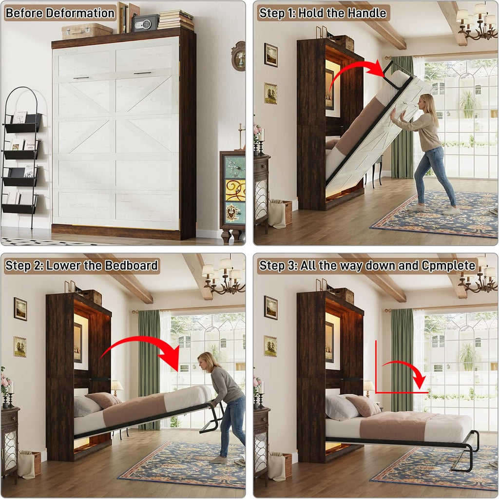 Full Murphy Bed with 2 LED Lights, Farmhouse Wood Hidden Foldable Wall Bed Frame w/Gas Struts, Storage Bed Cabinet