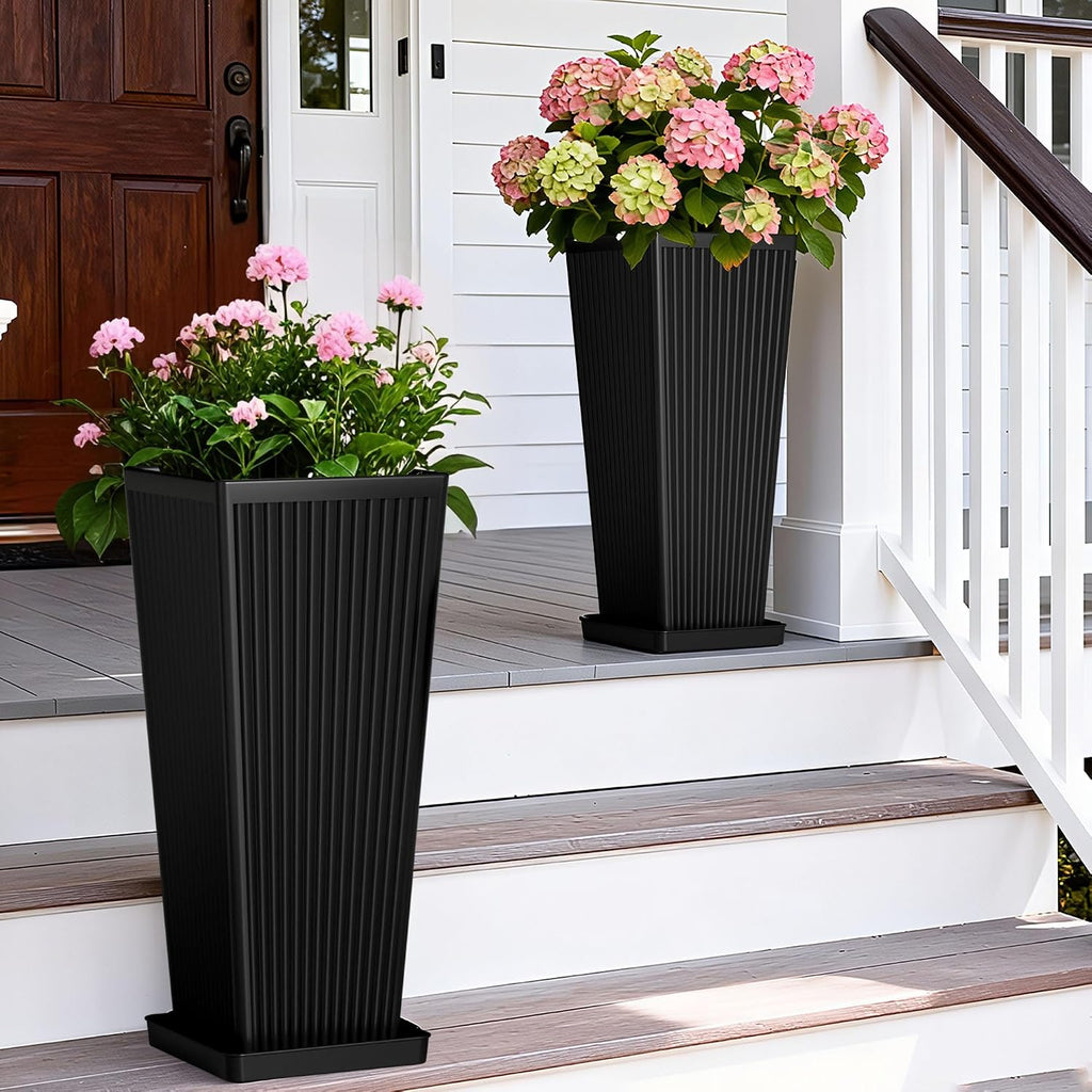 Tapered Tall Planters for Outdoor Plants 2 Pack- 23.6 Inch Square Indoor Flower Pots with Drainage Holes and